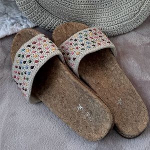 Bali wood beads in multi color, beautiful crochet in light sand color Slides.